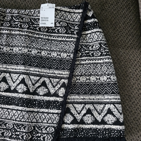 H&M Wrap Skirt Women Sz 8 Black White Paisley Fringe Short Tweed New - Picture 5 of 16